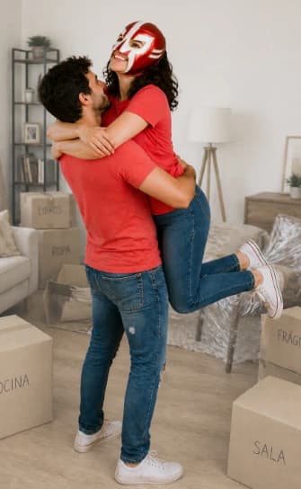 Personas celebrando su nueva casa entre cajas de mudanza